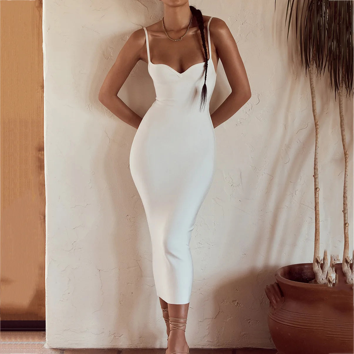 Summer Women's Bandage Dress Sleeveless Sexy V-Neck Dress Club Evening Party Dresses Midi Spaghetti Strap Bodycon Elegant