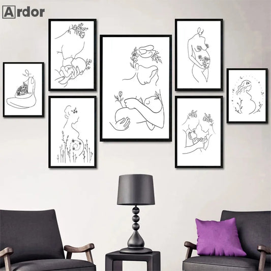 Motherhood - Abstract Woman Pregnant Poster Dad Mom Baby Line Drawing Canvas Art Painting