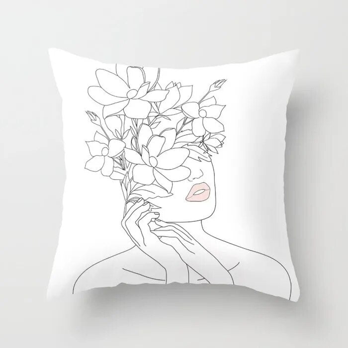 Abstract lines cushion cover female pose sketches