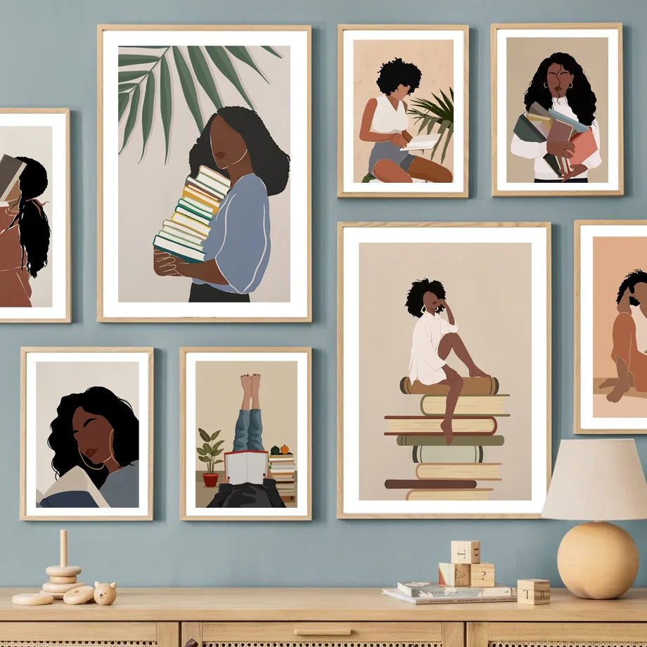 Book Lover Girl Reading Black Woman Boho Wall Art Canvas Painting Bookish Posters And Prints Wall Pictures For Living Room Decor