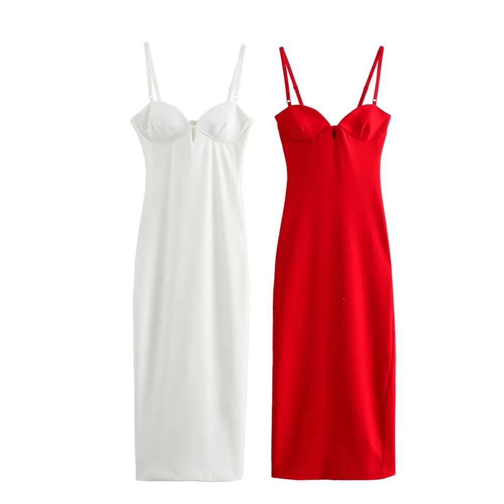 PB&ZA 2024 Spring New Women's Fashionable and Stylish Style Slim Fit Waist Wrap Versatile Sling Strap Bra Long Dress