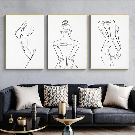 Woman Body Nude Line Drawing Canvas Painting